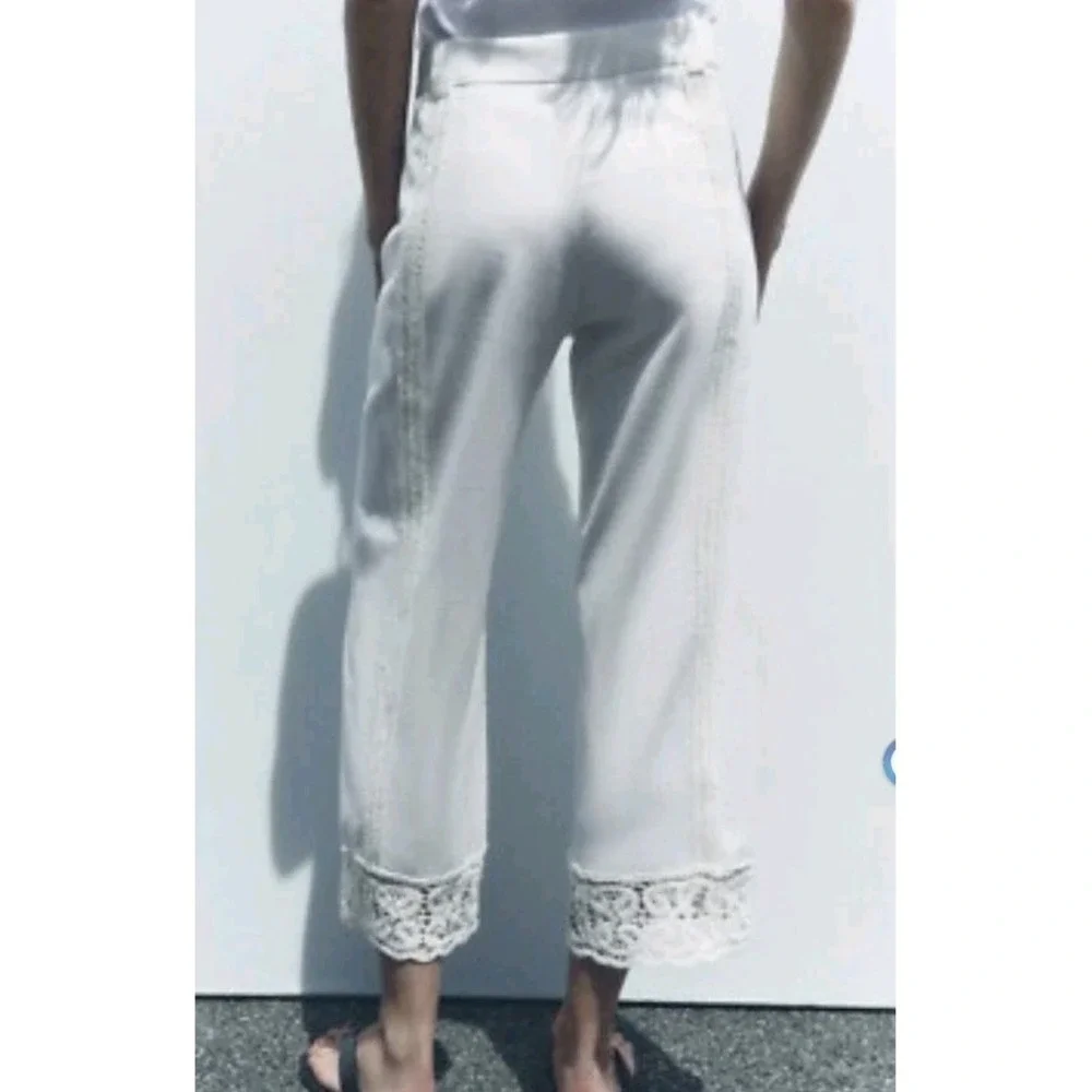 Zara Linen Blend Crochet Trousers Ecru Size L NWT